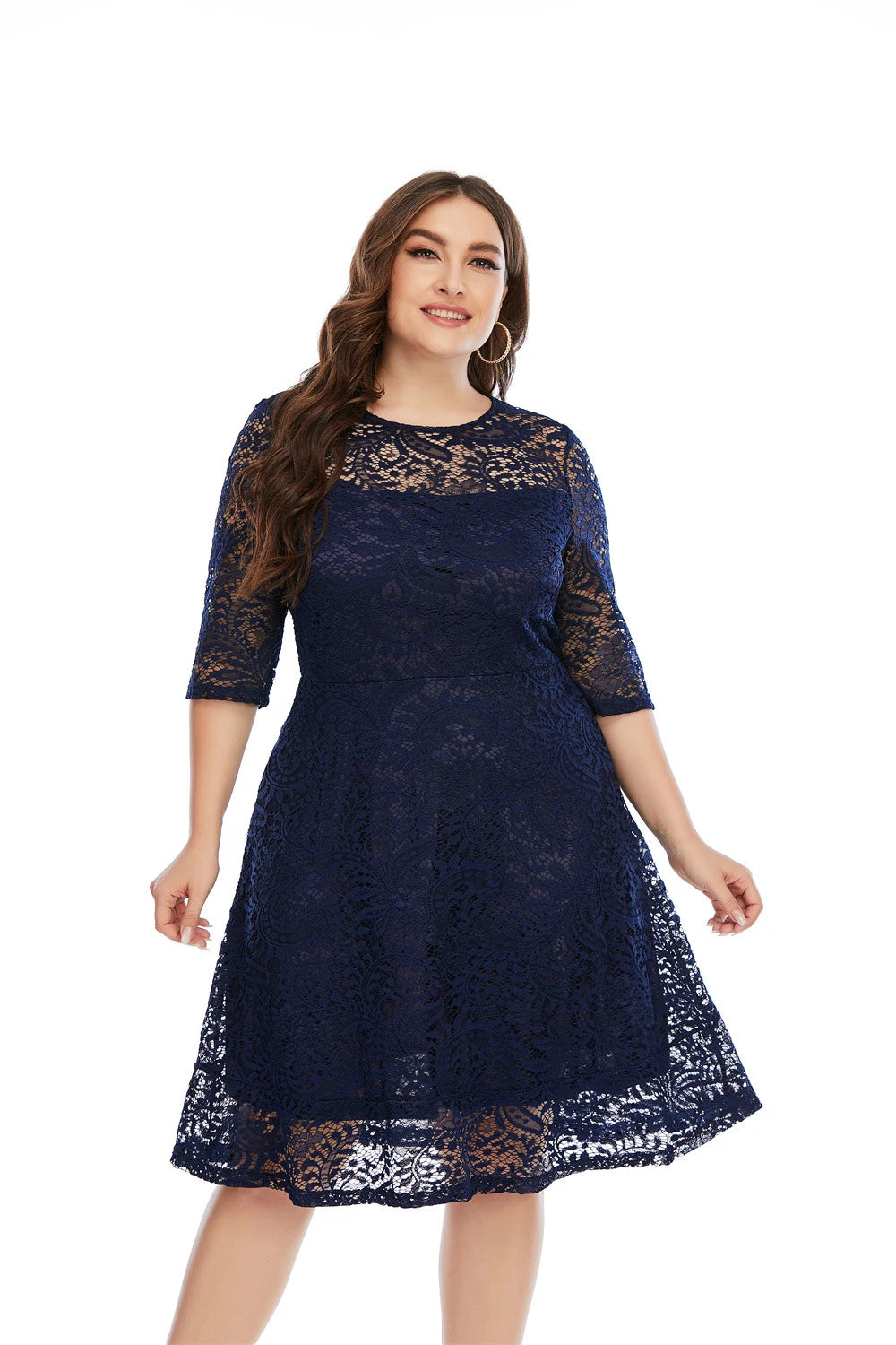 Plus Size Contrast Lace Semi Sheer 3/4 Sleeve Midi Dress, Women's Plus Slight Stretch Elegant Midi Dress