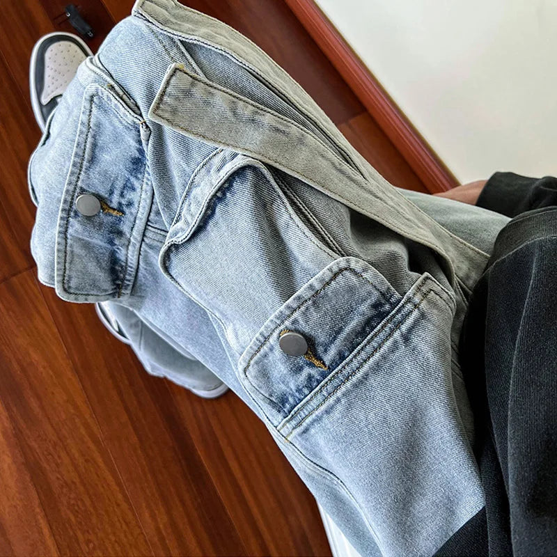 Men Cargo Jeans Wide Leg Pants Multiple Pockets Baggy Denim Trousers Hip Hop