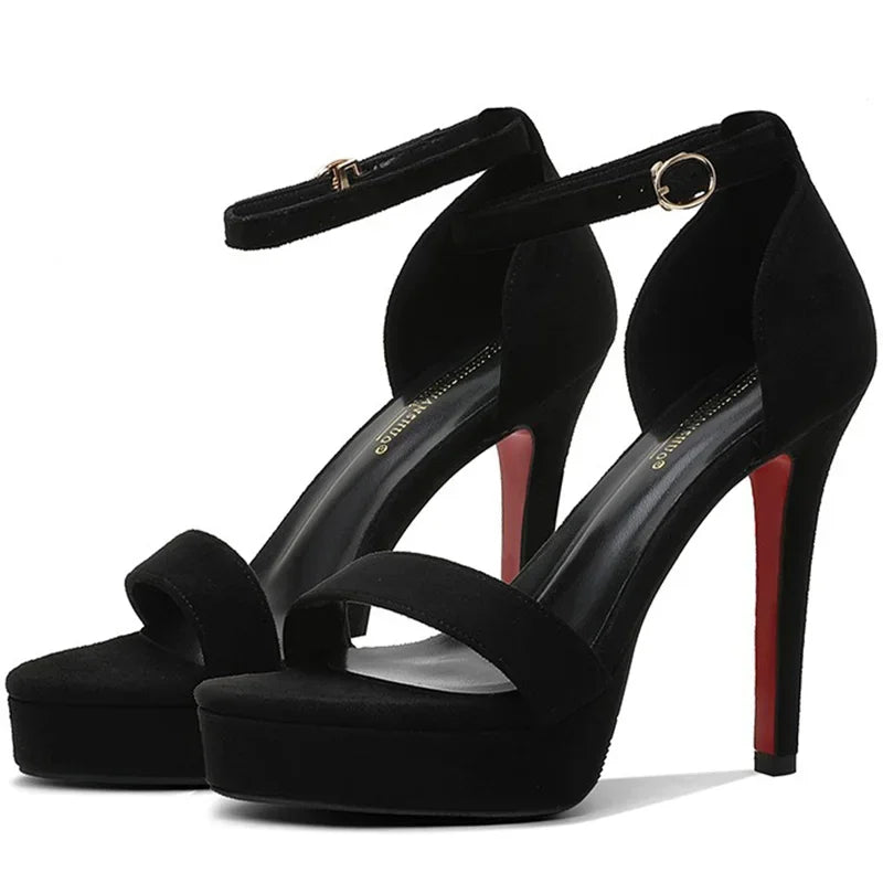 2024 New Summer Women 12cm High Heels 2cm Platform Suede Black Sandals Lady Stiletto Heels Strappy Sandles Catwalk Fetish Shoes