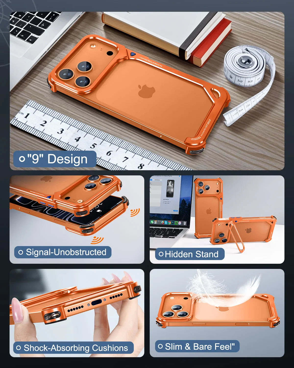 Eary 9-Shaped for iPhone 17 Pro Max 17 Pro Phone Case for Magsafe Wireless Charging With Lens Holder Stand Metal Frameless Shell