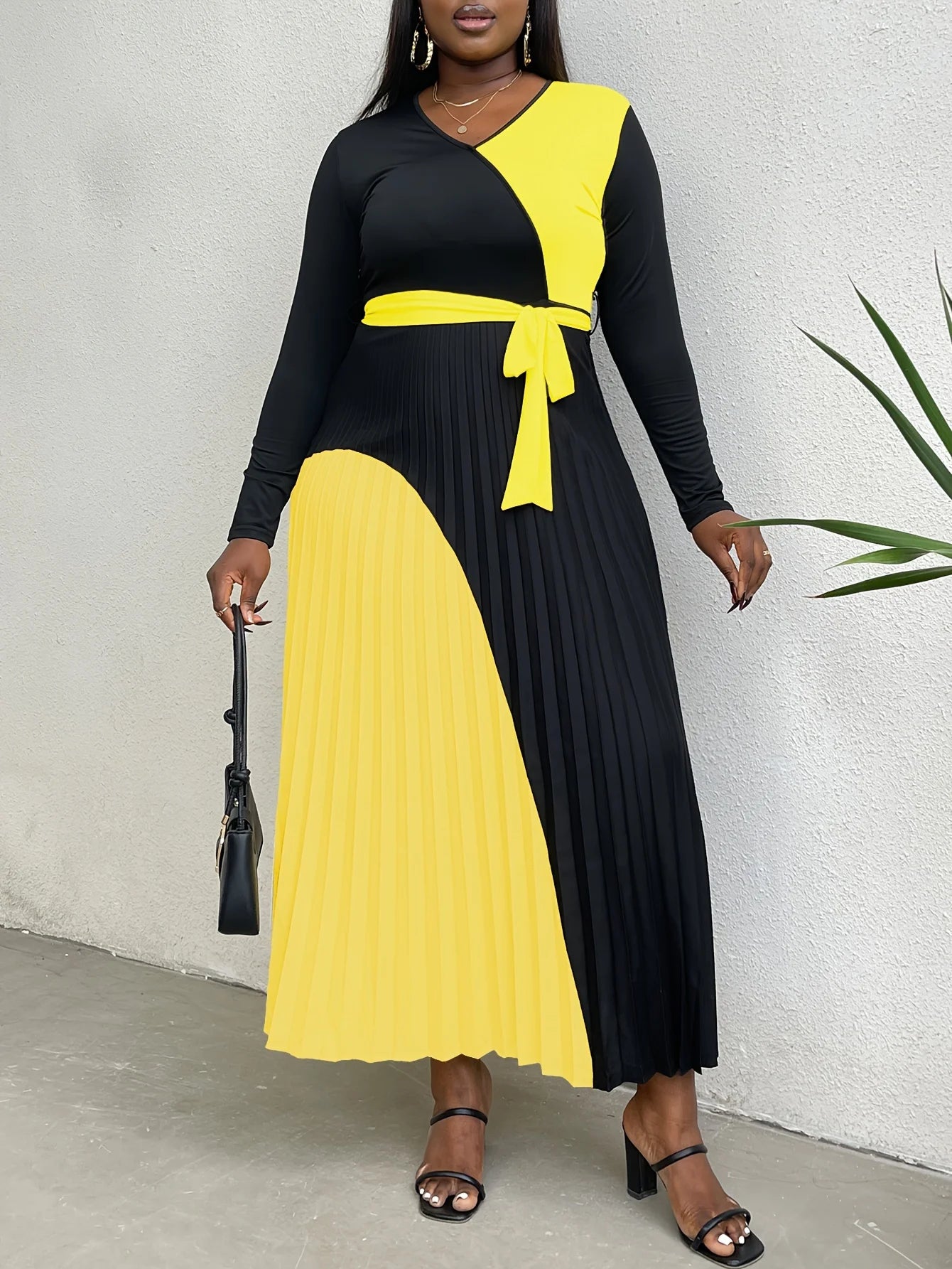 LW Plus Size Women Autumn&Winter Elegant Long Sleeve Bandage Patchwork Surplice Neck Pleated Tied Color Block A Line Dress