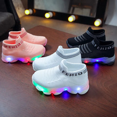 Kids Sneakers Children Baby Girls Boys Letter Mesh Led Luminous Socks Sport