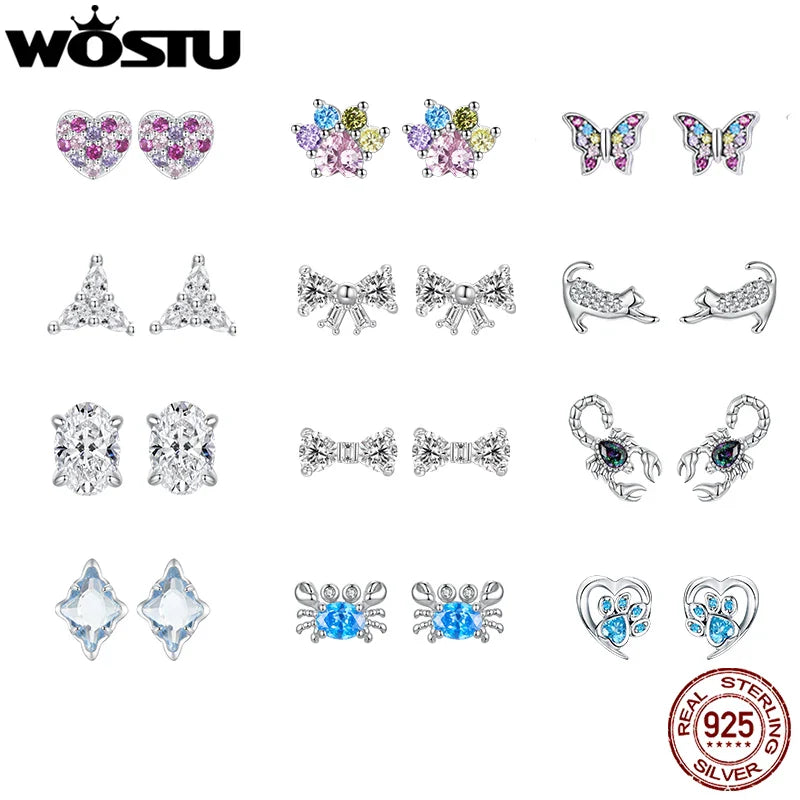WOSTU 925 Sterling Silver Animals Cute Paws Rainbow Stud Earrings For Women Heart Oval Flower Zircon Crab Ear Studs Jewelry Gift