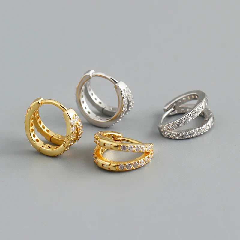 WANTME 925 Sterling Silver Fashion Luxury Shiny Double Layer Zircon Huggies Hoop Earrings for Women Plated 18k Gold Fine Jewelry