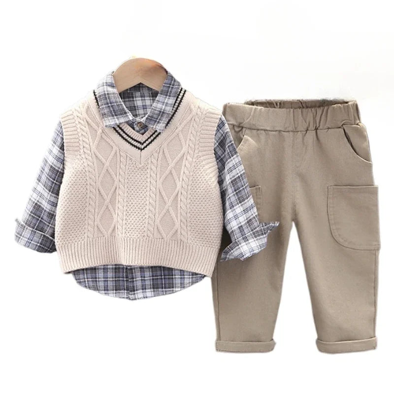 Baby Boys Clothes Suit Children Casual Plaid Shirt Vest Pants 3Pcs/Sets Toddler Cotton Costume Kids Tracksuits