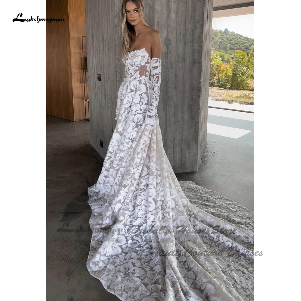 Evening wear Dresses: Lace Boho Wedding Dresses Detachable Long Sleeve