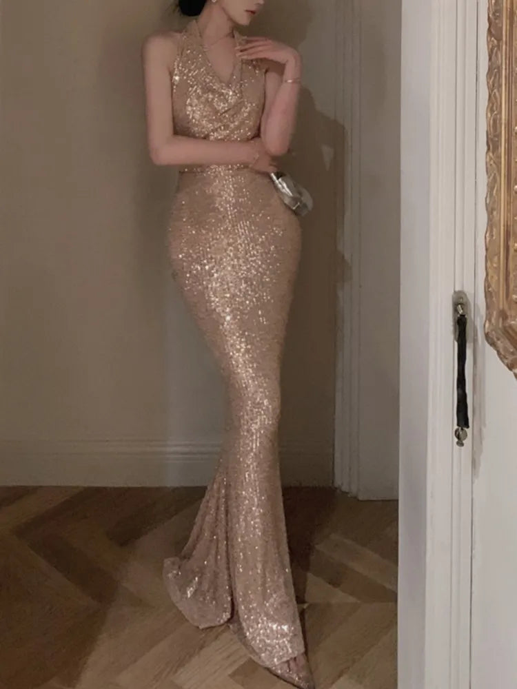 Formal attire Dresses: Maxi Dress Women Swinging Collar Halter Bodycon Mermaid