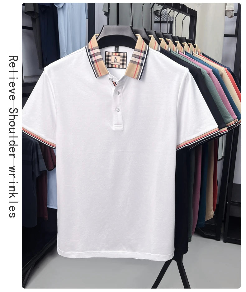 High end silky cotton breathable short sleeve polo shirt men's summer new trend plaid lapel designer brand casual golf T-shirt
