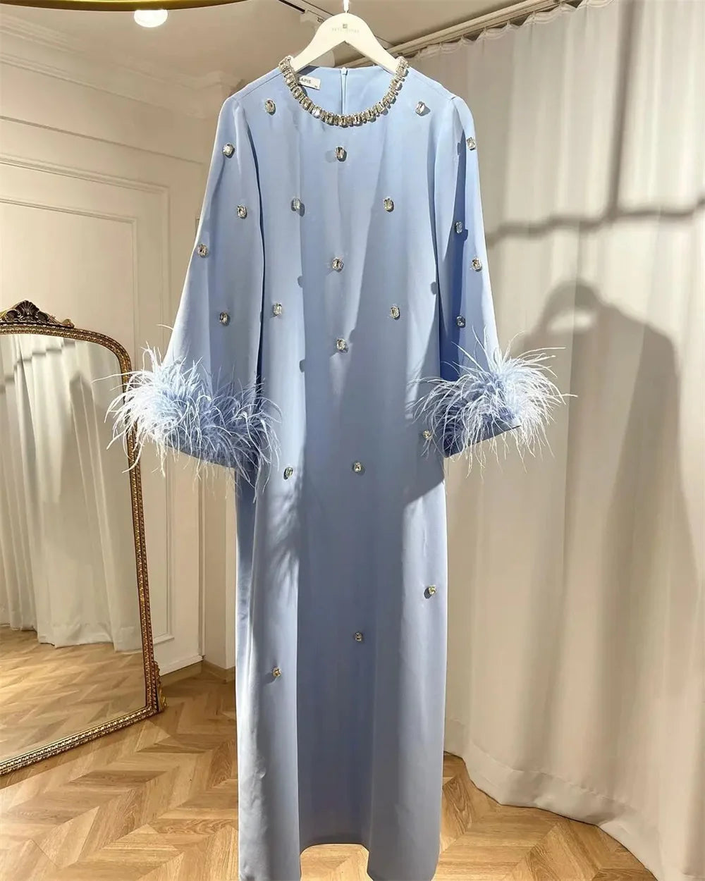 Homecoming Dresses: Light Blue Prom Dresses Plus Size O-neck Satin