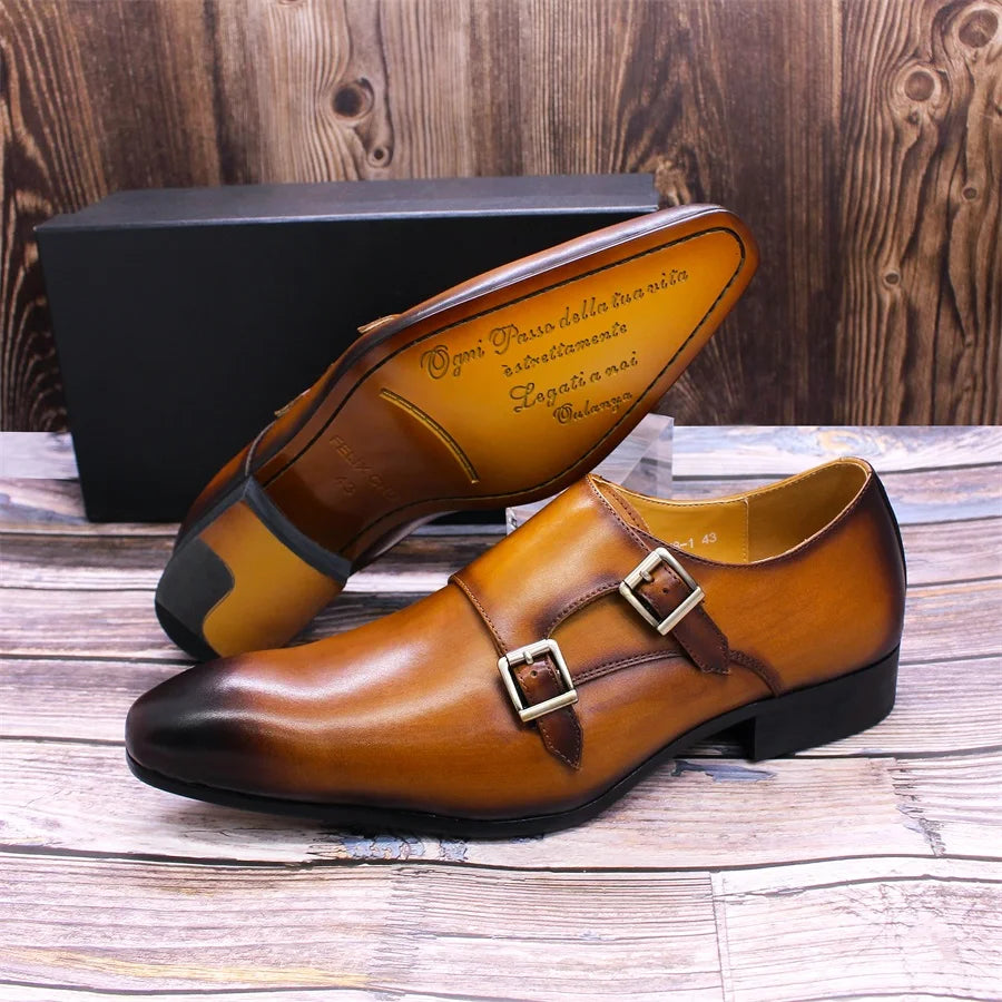 Size 6 To 13 Mens Dress Shoes Genuine Leather Monk Strap Buckle Brown Pointed Toe Handmade Wedding Business Formal Shoes for Men