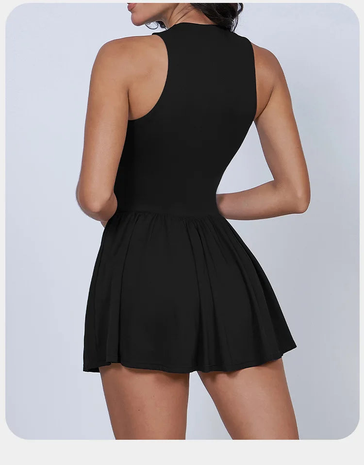 BIANHUI Women's Summer Sundress Fake Two-Piece Stand Collar Dress Running Anti-Exposure Base Layer A Flared Tennis Skirt