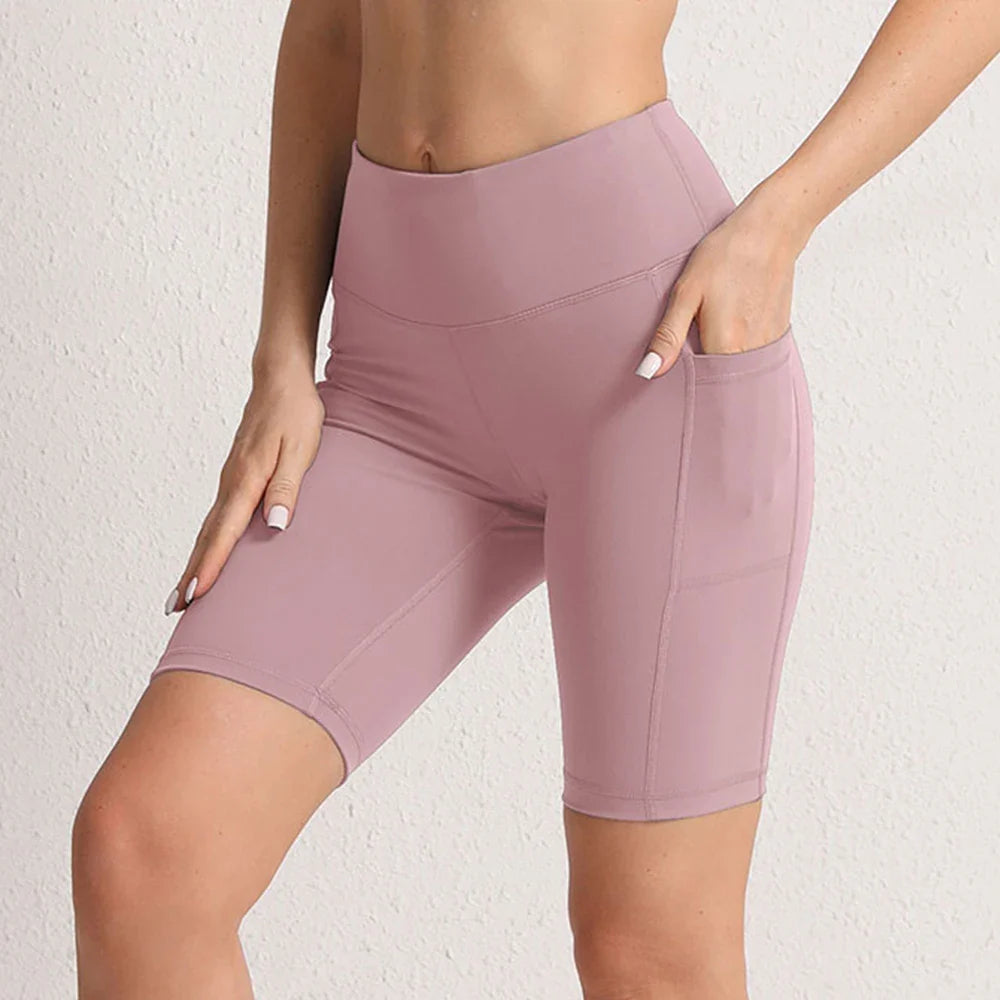 CHRLEISURE Women Yoga Shorts with 3 Pockets Seamless Gym Fitness Tights Elastic Cycling Shorts Female Solid Color Leggings