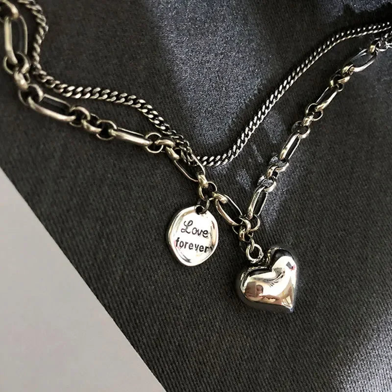 Elegant 925 Sterling Silver Love Letter Heart Double Layer Bracelet Female Unique Design Thai Silver Retro Light Luxury Jewelry