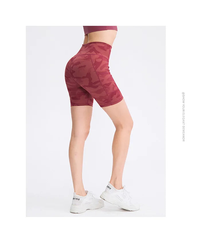 Women's printed nude yoga shorts with pockets skin-friendly tight stretch quick-drying sports fitness hiking running shorts