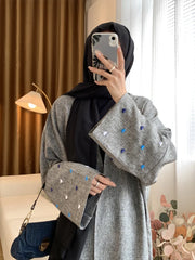 Heart Moon Embroidery Abaya Polyester Effect Fabric Batwing Sleeves Kimono Muslim