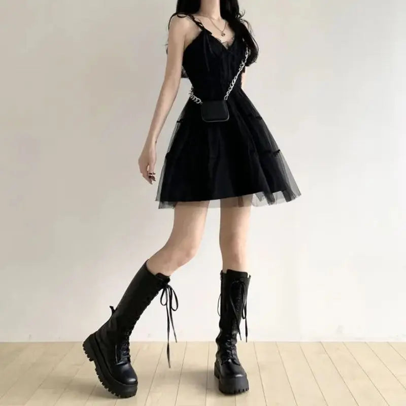 REALEFT Summer Y2k Black Mesh Women's Ball Gown Dresses 2025 New Sleeveless Strapless V-neck Party Sexy Mini Dress for Womens