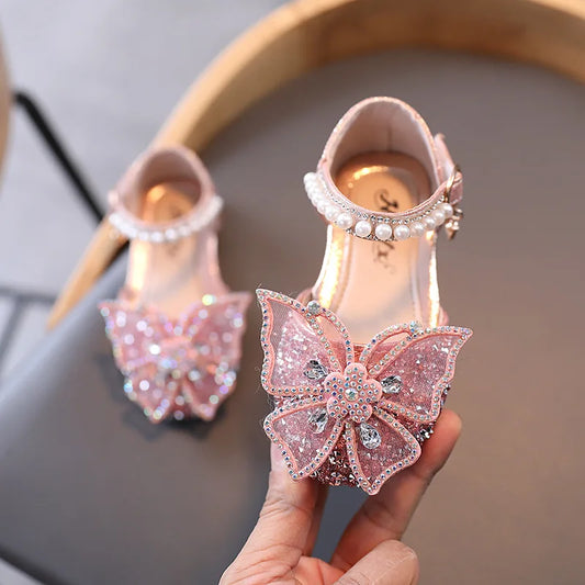 Girls Rhinestone Bow Sandals Summer New Fashion Sequins Soft Girls Princess Shoes Baby Girl Shoes Flat Heel Sandals Size 21-35