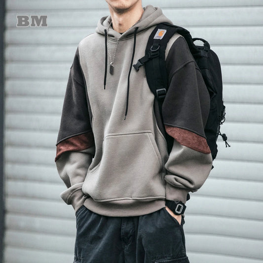 Plus Size Autumn Winter Korean Fleece Patchwork Hoodie Men Clothing