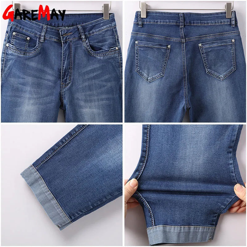 Plus Size Skinny Capris Jean Women Female Stretch Knee Length Denim Trouser