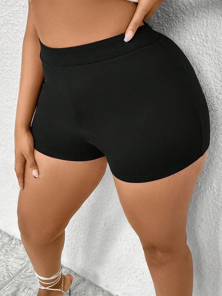 Plus Size Women's Plus Size Pleated Front Hollow Shorts High Waisted Asymmetric Mini Shorts Solid Colour