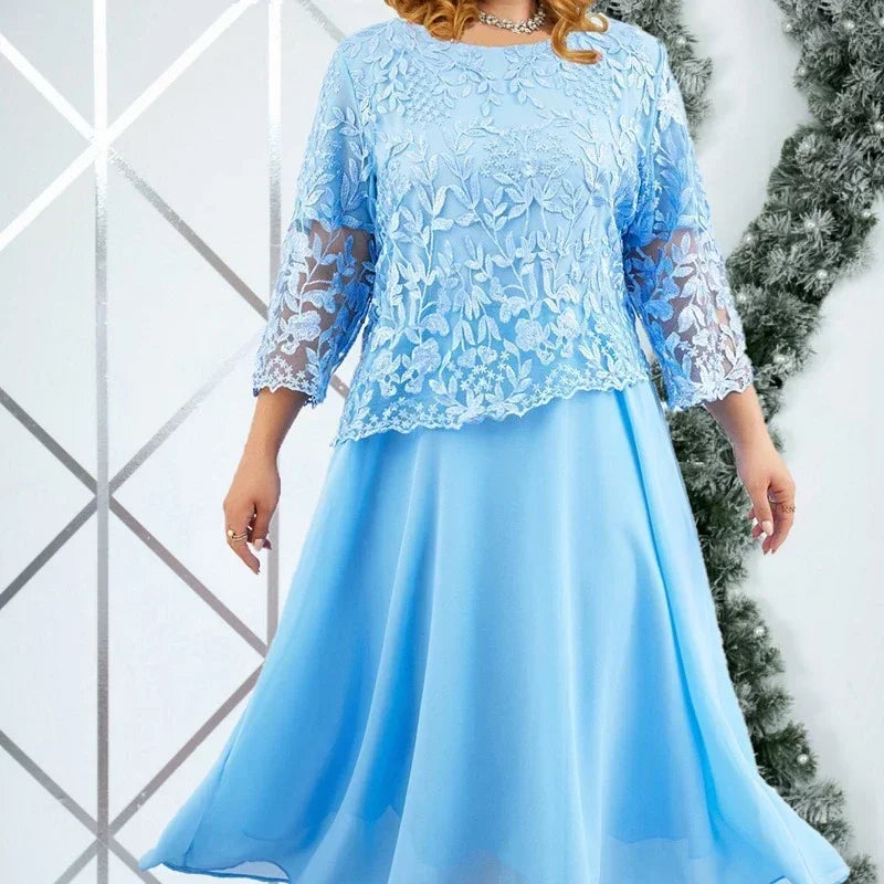 Plus Size Loose Party Women Clothing Elegant Crew Neck Embroider Lace Long Sleeve High Waist Dress Vestidos De Mujer Elegantes