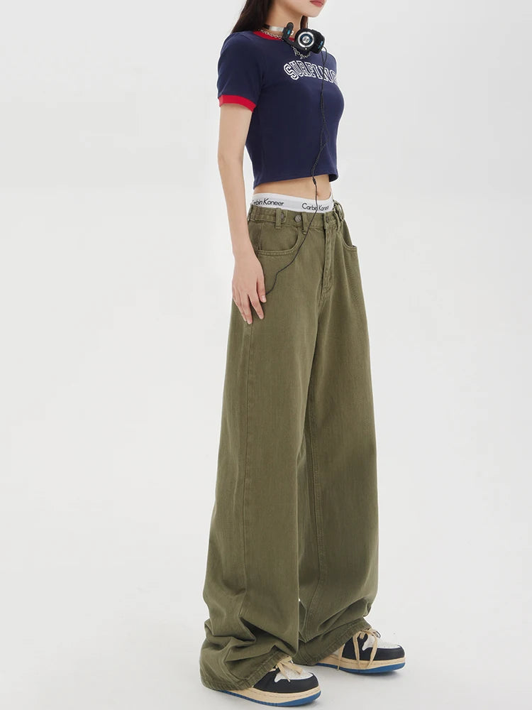 American Vintage Style High Waist Green Jeans Pants Spring Fashion Women's Baggy