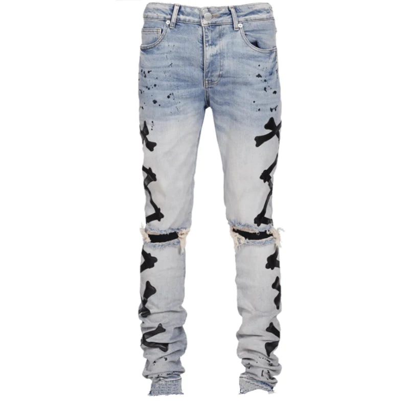 Ripped Jeans For Men Stretch Slim Printed Bones Skinny Pants Men Hip Hop