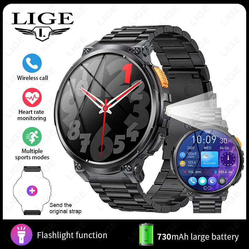 LIGE 1.85” HD Screen LED Flashlight Smart Watch Men 730mAh Large Battery BT Call Man Bracelet Waterproof Fitness Men Smartwatch