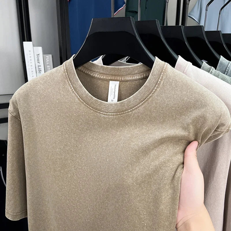 American Style Retro Heavyweight Solid Color Short Sleeved T-shirt Men Women Summer Street Trendy Washed Old Oversized Clothes
