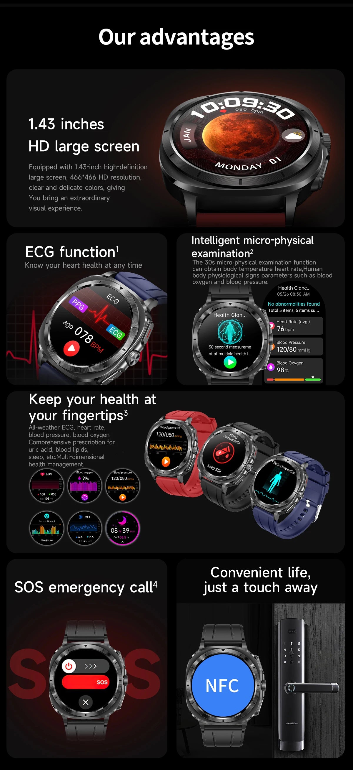 2025 Fashion New Expert level Health Smart Watch Men ECG+PPG Laser Monitor Uric Acid Blood Fat Blood Pressure NFC HD Call Watch