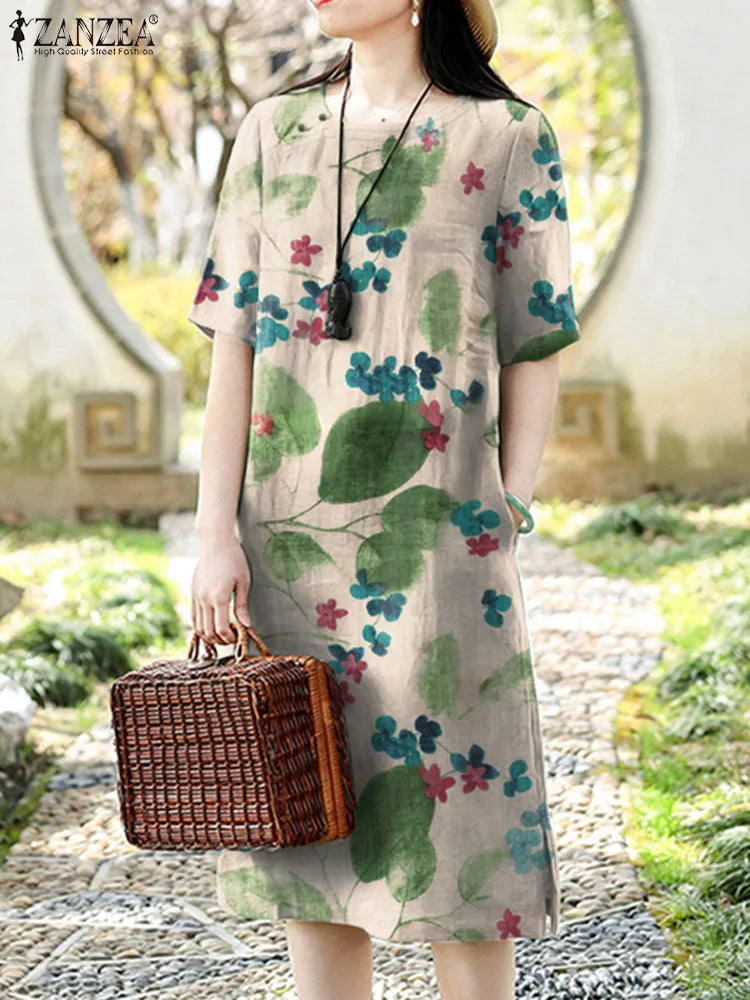 Evening wear Dresses: Vintage Short Sleeve Floral Dress Women