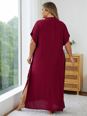 Plus Size Summer Bohemian Embroidery V Neck Kaftan Long Dress Tunic Women