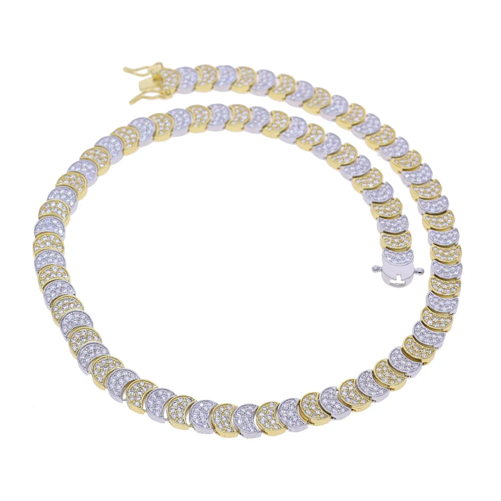Gold Color Fashion Women Jewelry Set Geometric Shiny Plain Paved 5A CZ Moon Shaped Chain Choker Necklace Bracelet