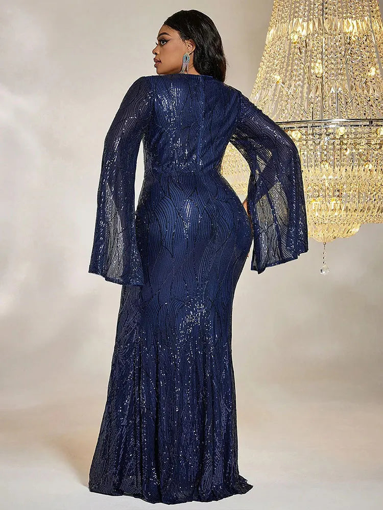 TOLEEN Women Plus Size Maxi Dresses Fashion Luxury Navy-Blue Sequin Noble Dress Bat Sleeve V-neck Knitted Sexy Fishtail Dress