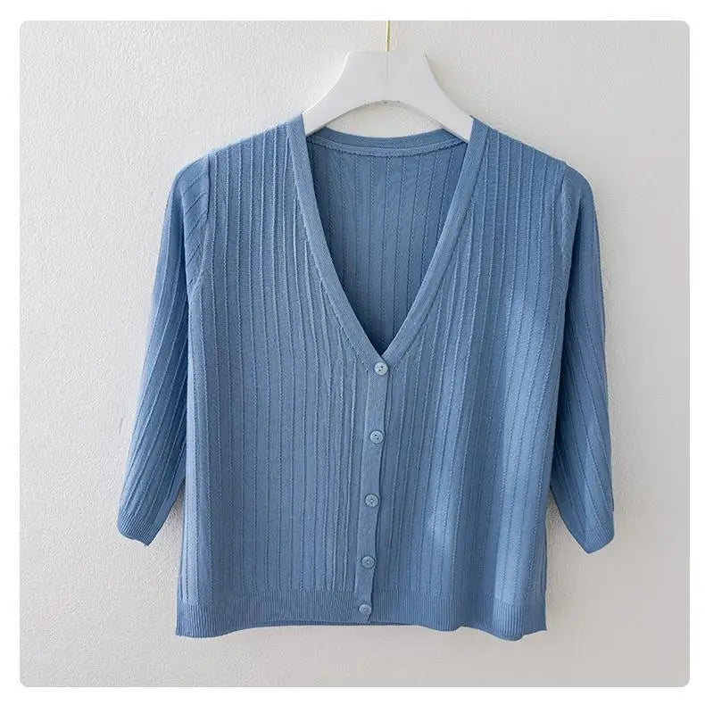 Fashion Women Solid Knitted Sweaters Coats Spring Summer Half Sleeve V-neck