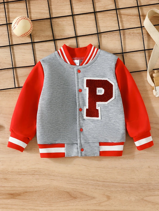 Hide Shan learning lively baby letter pattern cardigan button color baseball clothing polyester fabric jacket autumn and winter