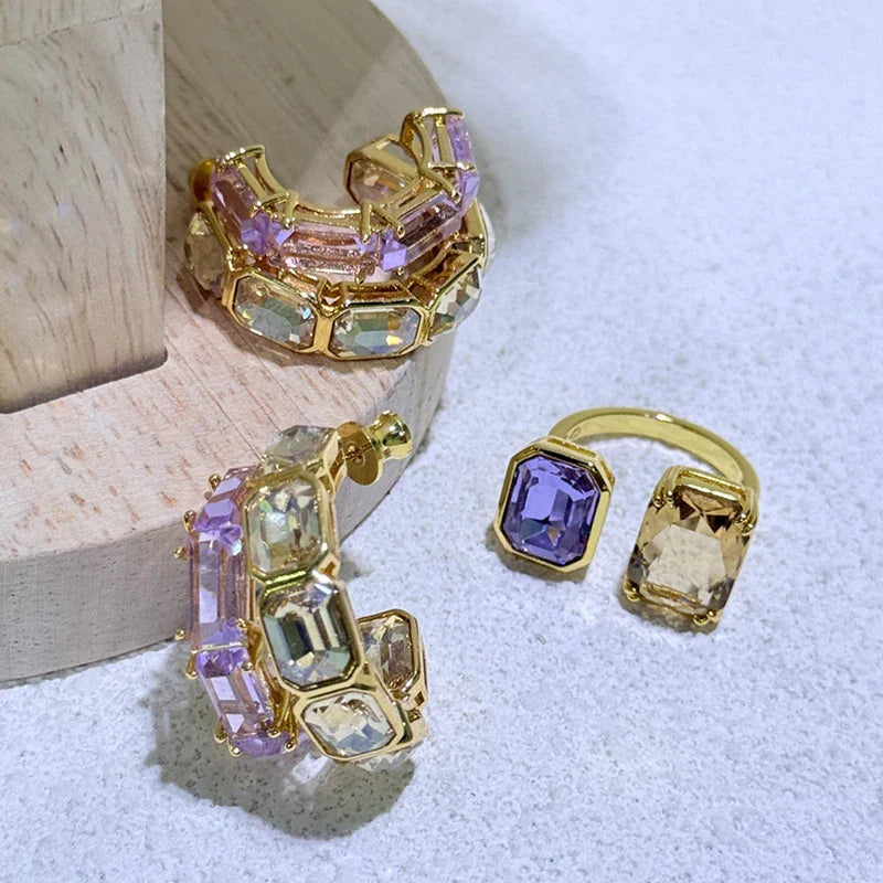 Original 2025 New Trend Anniversary Jewelry Set Charm Luxury Gold Purple Water Drop Crystal Fashion Women NecklaRce ing Earrings