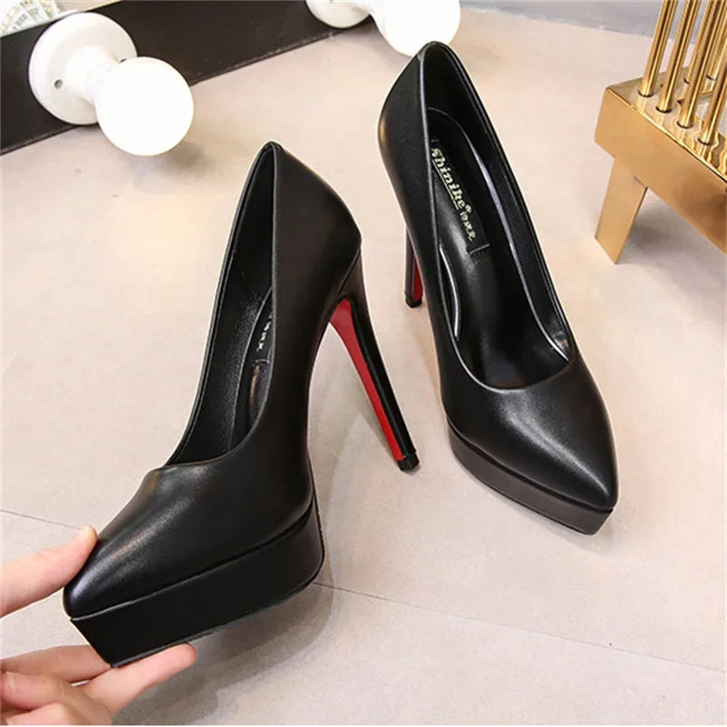 2023 Women 12cm High Heels 3cm Platform Fetish Nightclub Pumps Lady Leather Stiletto Heels Prom Red Bottom Catwalk Black Shoes