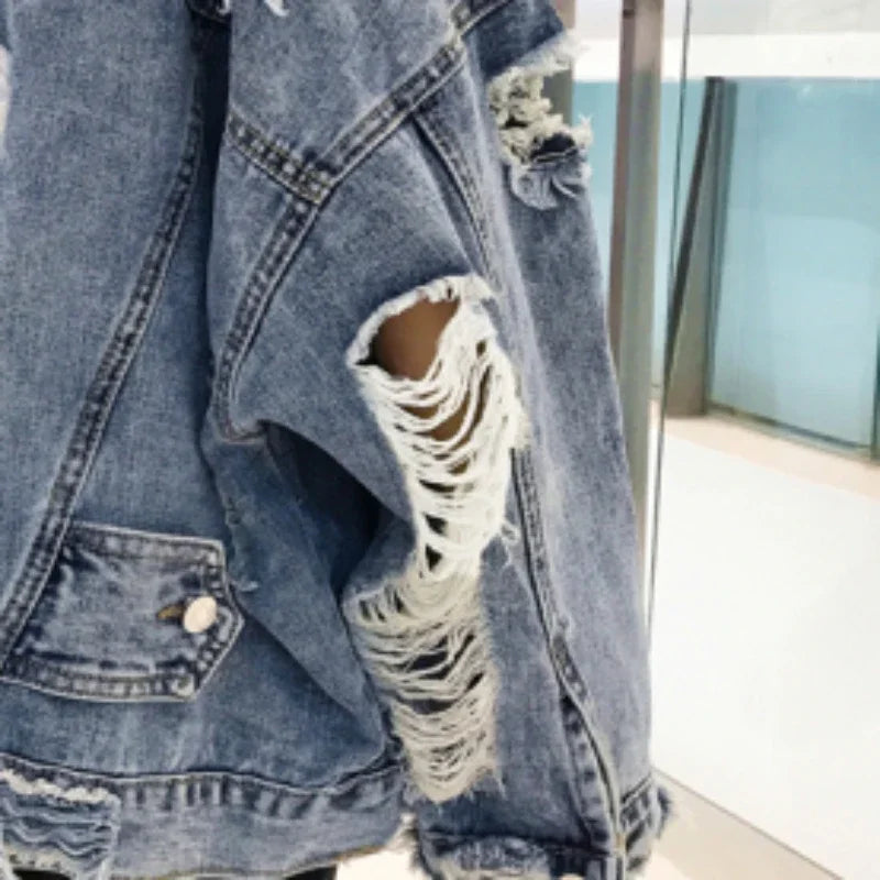 Fashion Blue Ripped Denim Jacket Y2K Distressed Streetwear Hip Hop Broken Hole Jeans