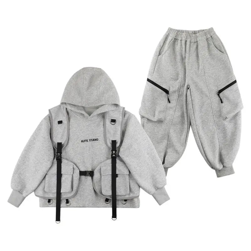 Fashion Boys Suits spring Autumn Pocket Letter Pullover Hooded Top+ Loose Pants 3pcs Kids Sets Casual Sportwear Handsome Clothes
