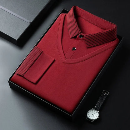2025 New Men's Casual and Fashionable Long Sleeved Solid Color Fake Two-piece Polo Shirt Business All Season Versatile Top