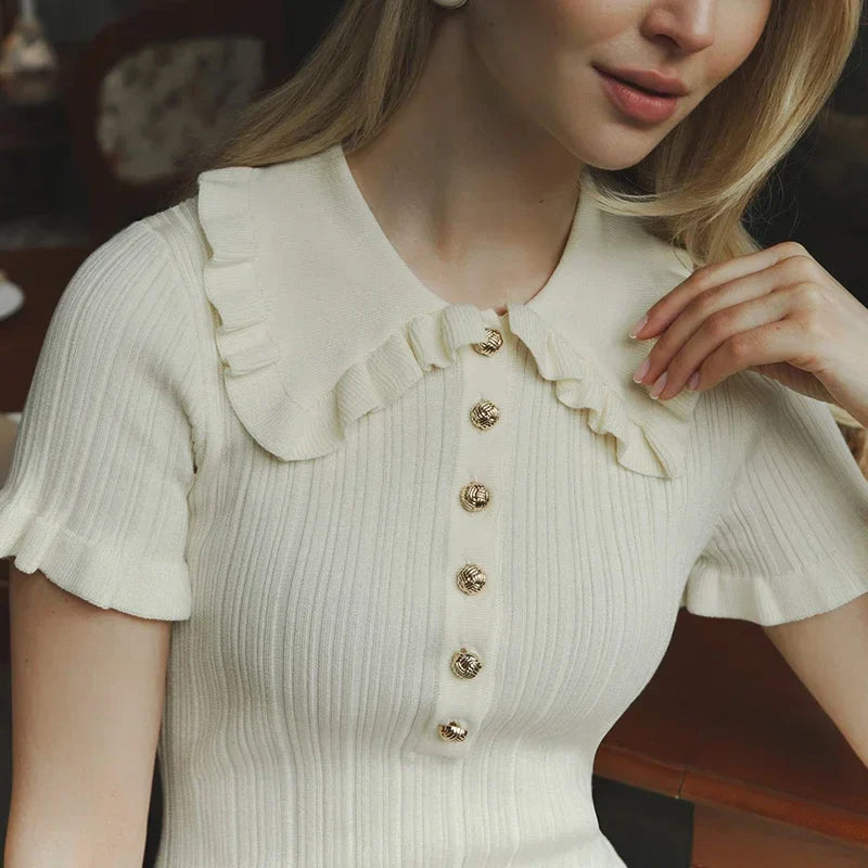 Tornova Ruffled Knitted Mini Dresses For Women High Waist Summer 2025 New Short Sleeve Dress Bodycon Female Retro Elegant Dress