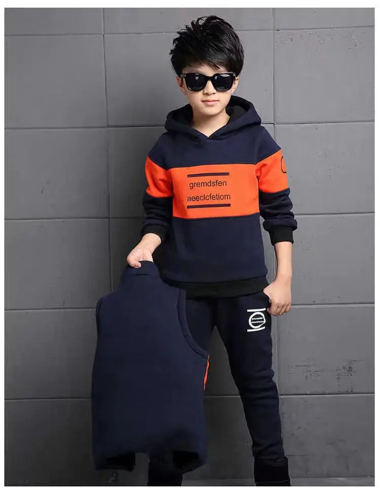 3pcs/set 2025 winter Boys tracksuit Autumn Teenager Clothes splicing velvet jacket + hooded + Pant Children 4 8 9 10 11 12 year