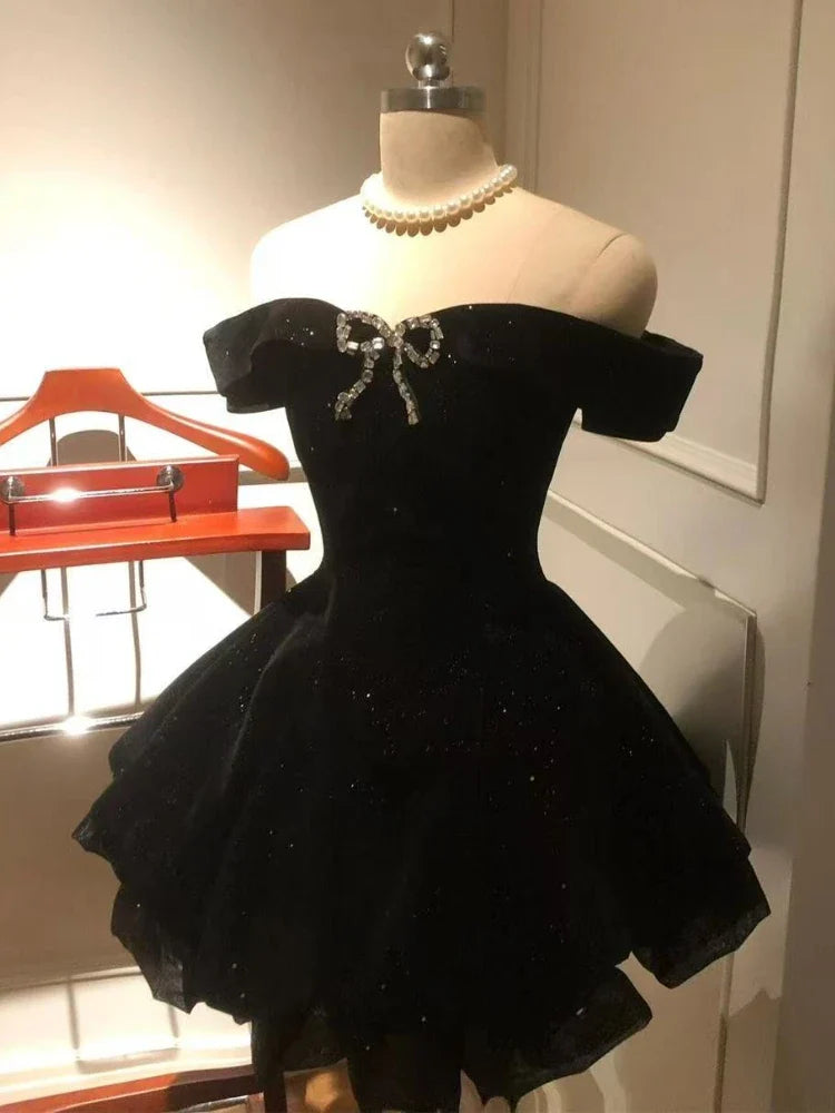 2025 Autumn Vintage Elegant Y2K Velvet Off Shoulder Dress Bow Bodycon Mini A-line Women Evening Party Subculture Lolita Formal