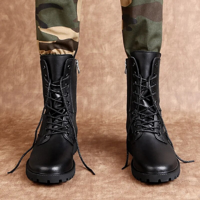 Side Zipper Male Boots Genuine Leather Male Shoes Lace-Up Men Military