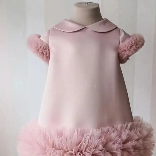 Baby Girl Princess Silk Mesh Dress Short Sleeve Infant Toddler Vestido Peter Pan Collar