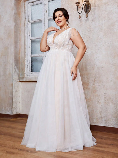 Mgiacy plus size V-neck embroidered lace Patchwork beaded chain fringe gauze wedding gown Full skirt Evening gown Ball dress