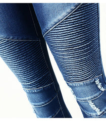 Women`s Fashion Motor Biker Style Jeans Mid High Waist Denim Skinny Pants Jeans