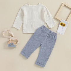 VISgogo 2pcs Kids Baby Boys Outfit Button Down Long Sleeve T-shirt with Solid Color Long Pants Linen Spring Fall Outfit