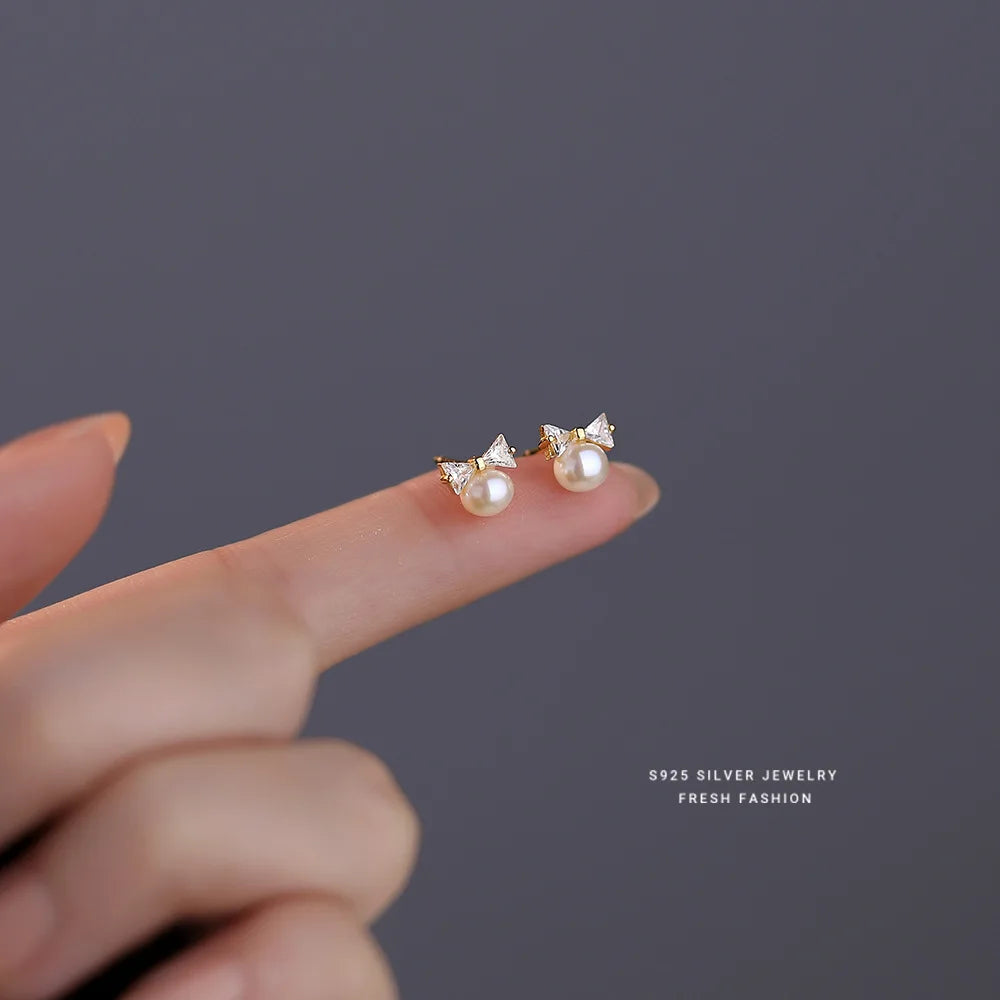 Korea Exquisite Vintage Zircon Pearl Bow Sweet Stud Earrings for Women 925 Sterling Silver Jewelry